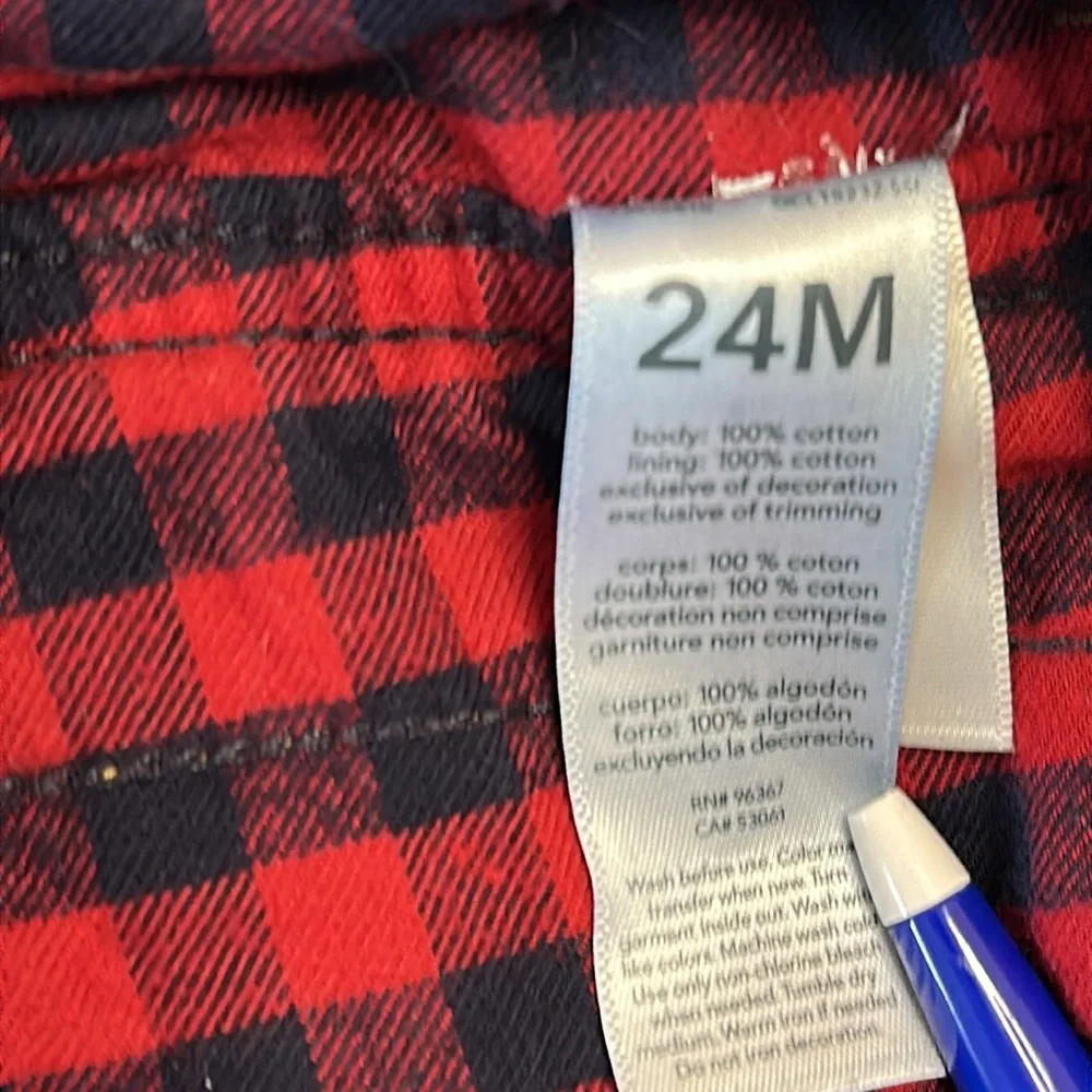 OSHKOSH B'GOSH Red & Navy Plaid Flannel Lined Denim Overalls 24 Months